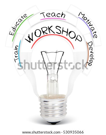 Photo of light bulb with WORKSHOP conceptual words isolated on white