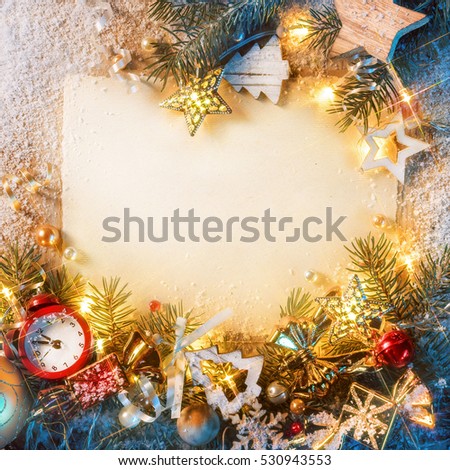 Old paper with Christmas fir tree on snowy background. Top view. Merry Christmas and Happy New Year!!