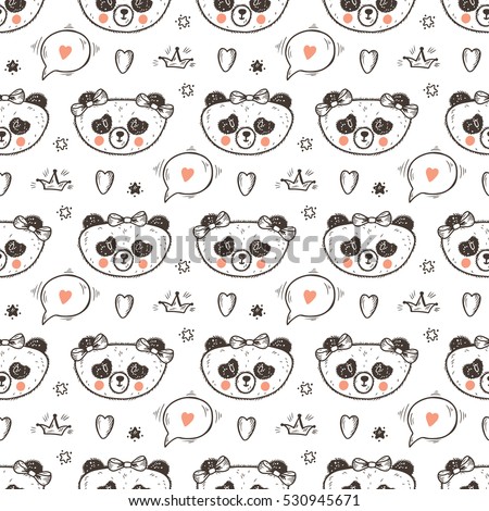 Cute Baby girl Panda Vector Seamless pattern. Endless wallpaper with Princess Pandas. Hand Drawn Doodle Funny Black and White Bear. Background for kids
