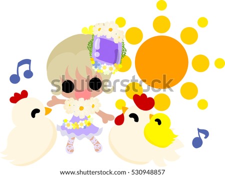 The sun and cute girl and chickens