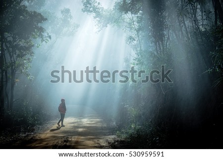 Girl in sun rays coming through the trees in forest Royalty-Free Stock Photo #530959591