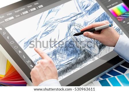 designer graphic drawing car creative creativity draw work tablet screen sketch designing coloring concept - stock image