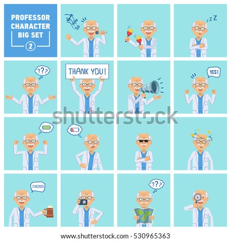 Big set of old professor characters showing different actions. Cheerful professor karaoke singing, dancing, sleeping holding banner, loudspeaker and doing other actions. Flat vector illustration