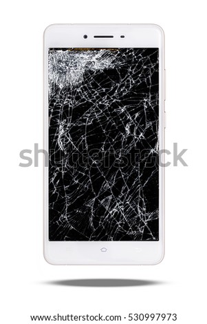 modern touch screen smartphone with broken screen isolated on white background.