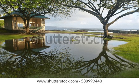 Duck Island with reflection of trees and buildings in the water with ocean in the background