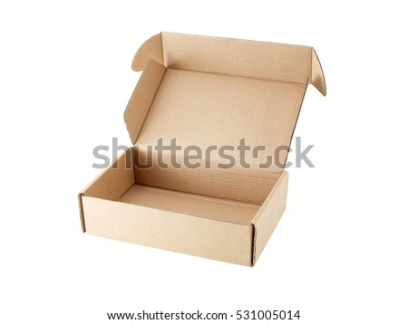 close-up single carton box open empty isolated on white background, brown parcel cardboard box for packages delivery Royalty-Free Stock Photo #531005014