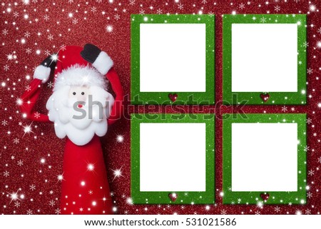 Christmas Santa Claus amazed on red glitter background with four blank photo frames.