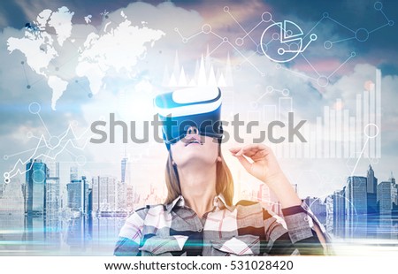 Portrait of a woman in a flannel shirt wearing virtual reality glasses and standing in a city looking at holograms. Toned image. Double exposure. Elements of this image furnished by NASA