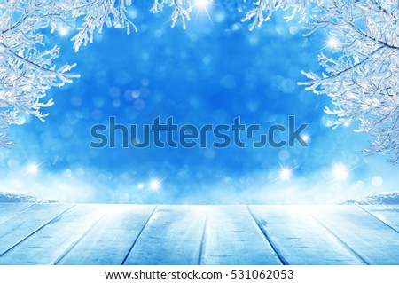 Merry christmas and happy new year greeting background with copy-space.Winter landscape with snow and christmas trees