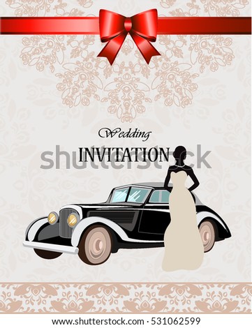 Silhouette of a bride with a classic car for greeting card or invitation to the wedding. Vector Illustration 