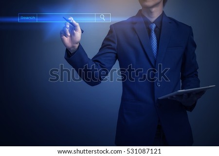 Business man clicking internet search page on computer touch screen