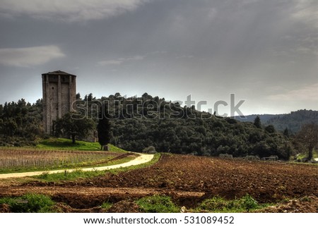 Beatiful HDR landscape of Miloutins tower, Mount Athos