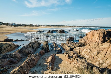 Large rock formations on La Pedrera landmark beach, Uruguay, South America Royalty-Free Stock Photo #531094534