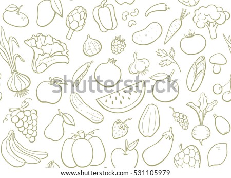Hand drawn fruits and vegetables doodle set. Editable seamless pattern. Vector illustration. Royalty-Free Stock Photo #531105979