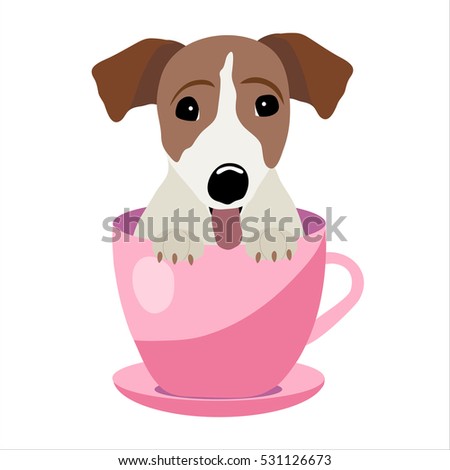 Jack Russell Terrier in pink teacup, illustration, set for baby fashion