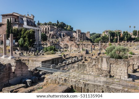 One of the most famous landmarks in the world - Roman Forum (509 BC). Here, triumphal processions took place, elections were held and the Senate assembled. Rome, Italy.