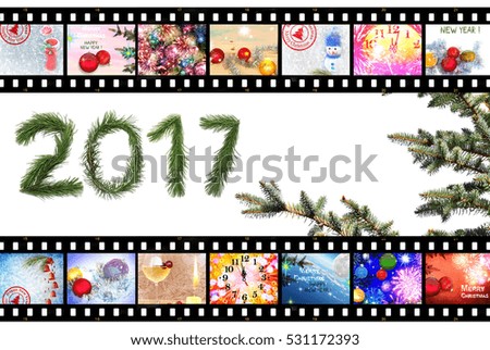 Merry Christmas. Happy New Year. Celebration. Winter Holidays. Christmas tree decorations. Fireworks,fairy stars and sparkles. Festive images designed in film strip. Isolated on white background