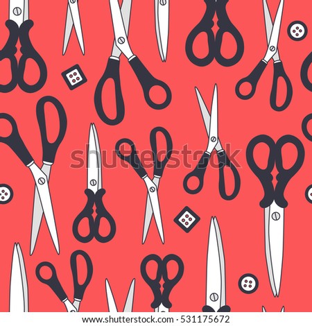 Seamless pattern with scissors and buttons, hand drawn objects. Colorful background, collection of sewing tools. Decorative wallpaper, good for printing. Design backdrop vector