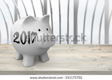 Digital image of new year 2017 against white room with large window overlooking city