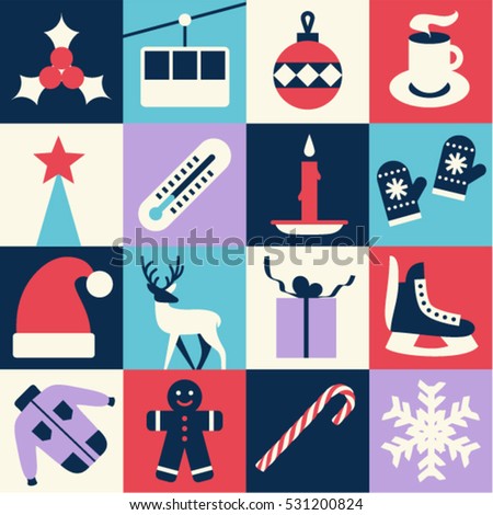 Christmas background, vector flat illustration, icon set, pattern: holly, lift, christmas ball, coffee, tree, thermometer, candle, mittens, had of Santa Claus, deer, gift, skates, jacket, cookie, snow