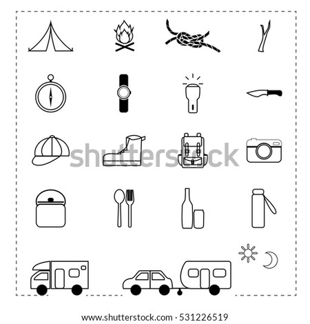 traveling camping trekking vector icons set