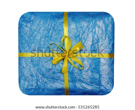 The blue gift which is elegantly packed into crumpled paper isolated on white