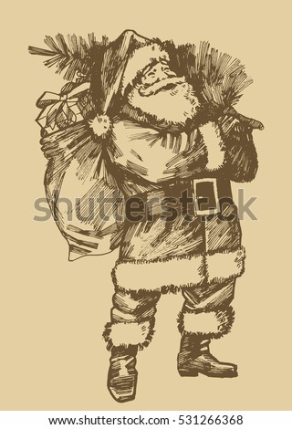Santa Claus etching style drawing. vintage style Christmas card.