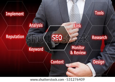 Businessman with virtual panel of SEO Search optimization , Business technology concept