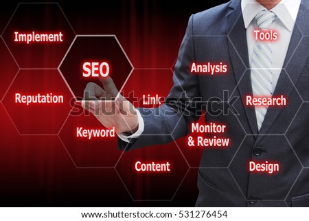 Businessman hand touching virtual panel of SEO Search optimization , Business technology concept