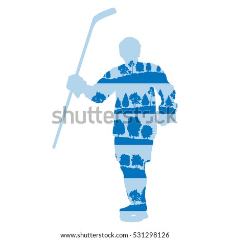 Ice hockey player silhouette vector background concept made with forest trees fragments isolated on white