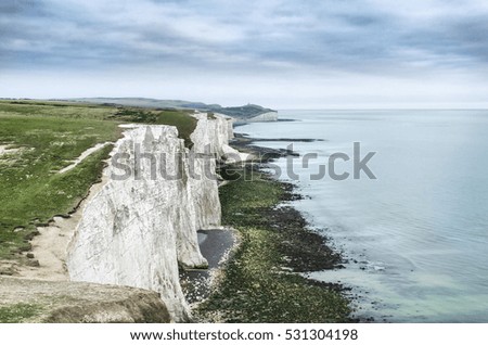 Landscape of Seven Sisters cliffs in South Downs National Park on English coast.