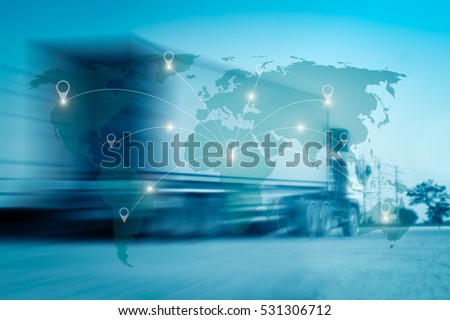 World international map connection connect network with blurred distribution logistic cargo warehouse background Royalty-Free Stock Photo #531306712