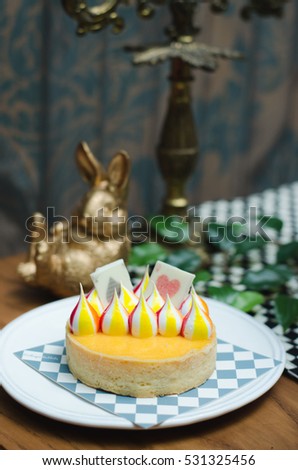 Lemon tart, colorful White Chocolate stripes on lemon tart.((Alice in wonderland Theme))