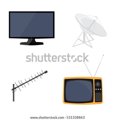 Vector illustration satellite dish antenna, television antenna, new modern lcd TV monitor and retro tv icon set. Television antenna.