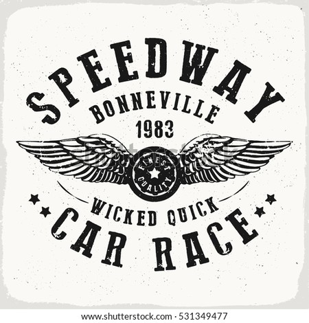 Speedway Car Race print in black and white for t-shirt or apparel. Retro style graphic with old school typography for fashion and printing. Vintage effects are easily removable.