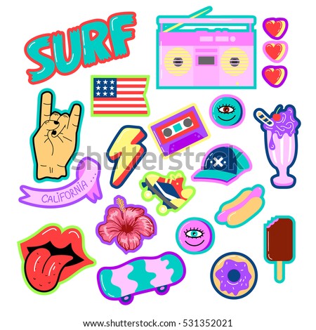 Pop art fashion chic patches, pins, badges and stickers. Hand Drawn Vector. Hipster American Punk rock Fashionable Stickers Collection. Doodle Pop art Sketch Badges and Pins.