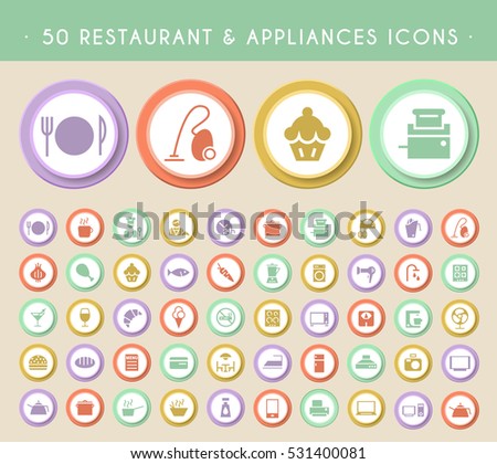 Set of 50 Restaurant and Home Appliances Icons on Circular Colored Buttons. Vector Isolated Elements.