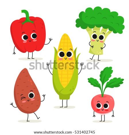 Adorable collection of five cartoon vegetable characters isolated on white: bell pepper, sweet potato, corn, broccoli, radish Royalty-Free Stock Photo #531402745