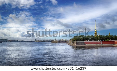 View centre St. Petersburg Neva river right bank panorama Peter and Paul fortress and arrow Vasilyevsky island Russia
