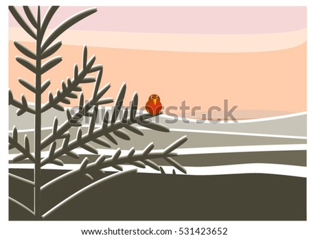 Cartoon of a winter scene outdoors, with gentle rolling hills and snow, a pastel sky and a robin in a tree