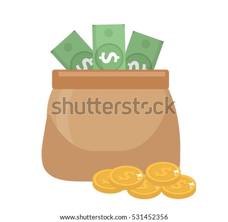 Bag money icon flat style. Bag with money and coins, isolated on white background. Vector illustration, clip art