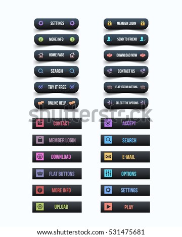 Black and Flat Style Multicolored Website Different Buttons Set, Vector Clean Web Layout Elements Collection
