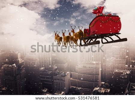 3D Reindeer sleigh riding above the city during snowfall