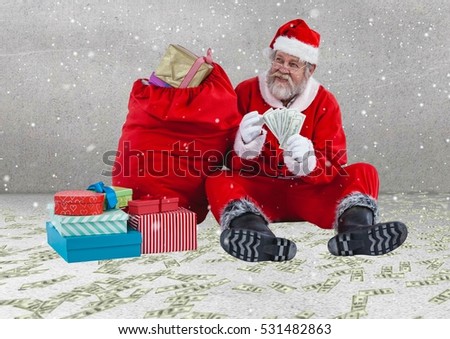 Happy santa claus with currency notes sitting next to christmas gifts against digitally generated background