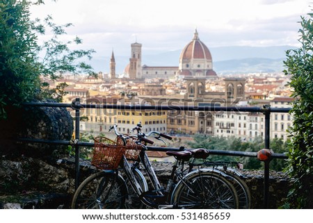 Two bicycles with baskets stand on the road with a great cityscape behind them