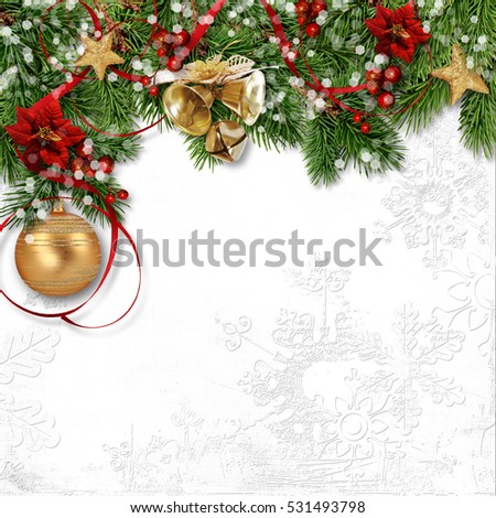 Christmas decoration with bells, holly and poinsettia on white paper