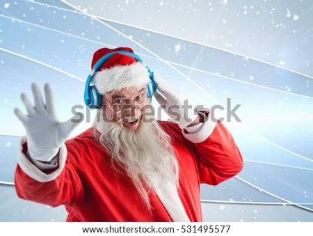 Santa gesturing while listening music on headphones against 3D digitally generated background
