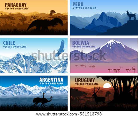 vector set of panorams countries South America - Chile, Peru, Argentina, Bolivia, Paraguay,  Uruguay Royalty-Free Stock Photo #531513793