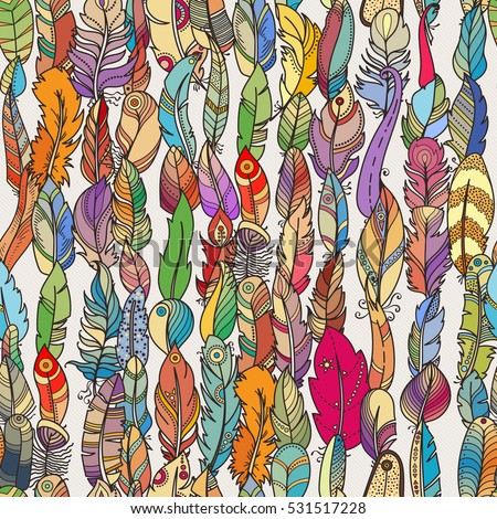 Seamless Pattern with Random Fantasy Feathers. Vector illustration for wallpaper, web page background, greeting cards, fabric print, coloring books