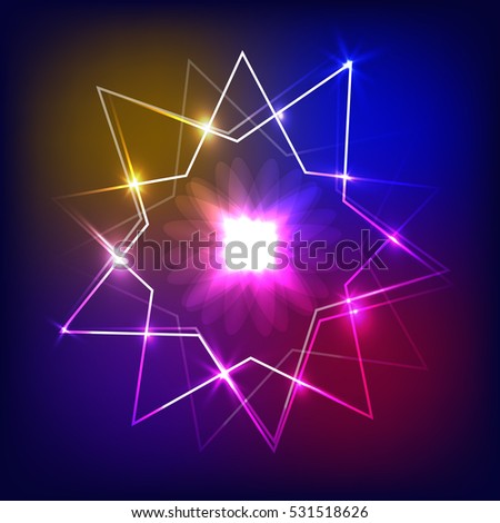 Background with neon effects from triangles, flashes and lights. Illustration in blue, red and yellow colors. 